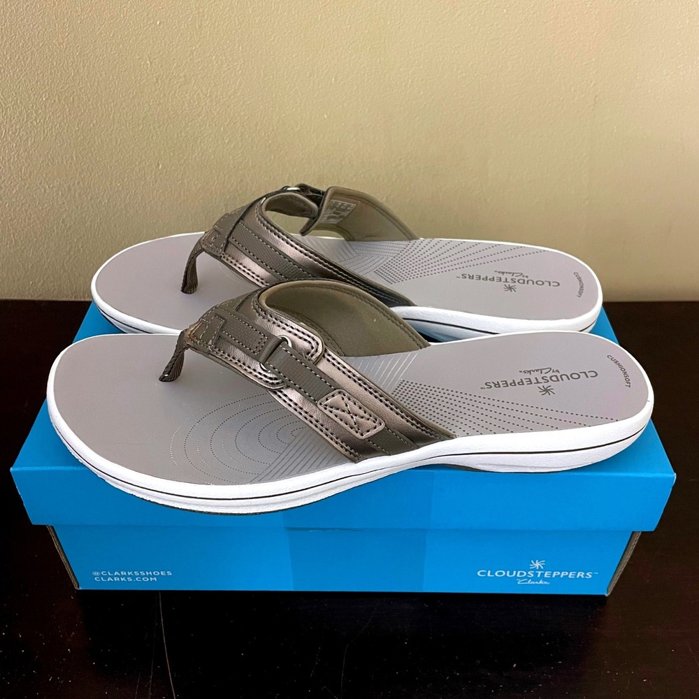 Clarks Cloudsteppers Arla Glitz Pewter Metallic Flip‎ Flop Sandals Womens 10